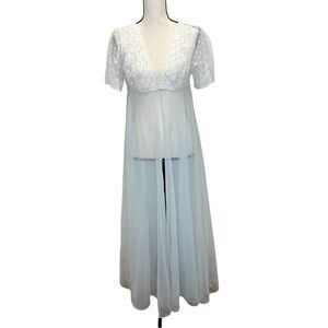 Val Mode Vintage 70s Baby Blue Sheer with White Lace Too Peignoir Robe Size S